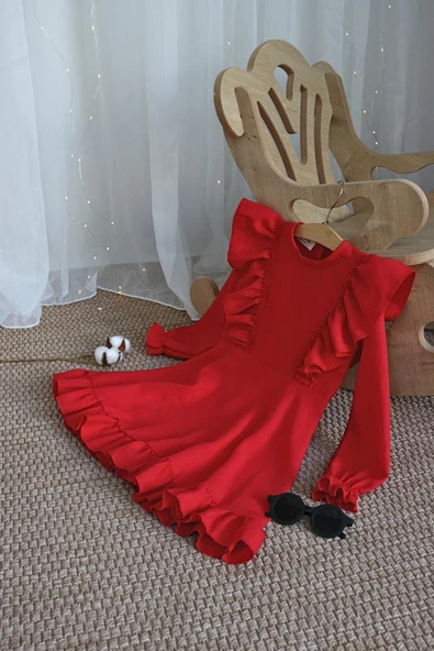 Kız Çocuk Catherine Kırmızı Fiyonklu Fırfırlı Uzun Kol Keten 23 Nisan 29 Ekim Gösteri Elbisesi - Resim 9