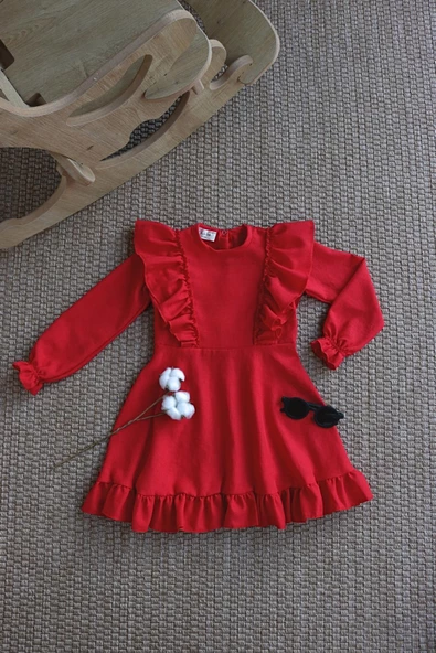 Kız Çocuk Catherine Kırmızı Fiyonklu Fırfırlı Uzun Kol Keten 23 Nisan 29 Ekim Gösteri Elbisesi - Resim 8