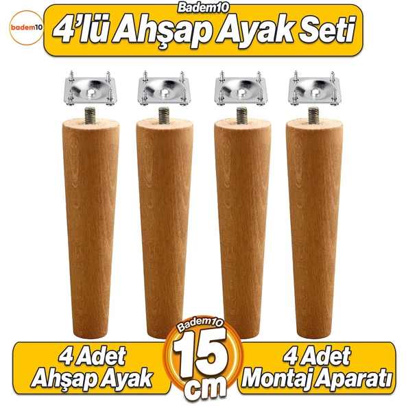 4'lü Set Ahşap 15 cm Mobilya Koltuk Kanepe Sehpa Masa Ayağı Ayakları M8 Civatalı Bağlantı Aparatlı