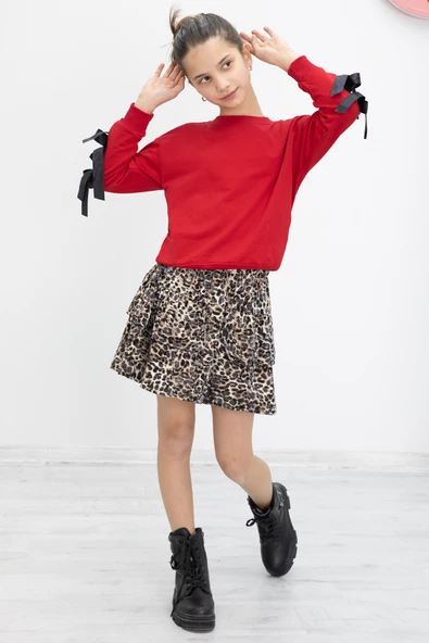 Kırmızı Kolları Fiyonk Detaylı Badili Leopar Etekli Kız Çocuk Takım 20188 - 3