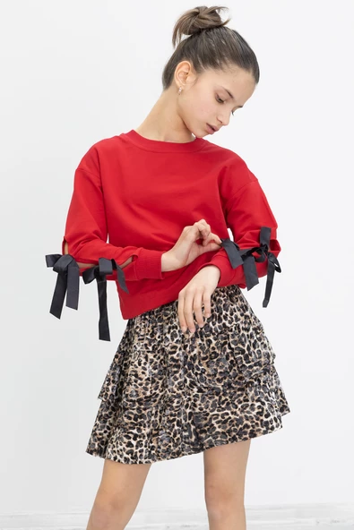 Kırmızı Kolları Fiyonk Detaylı Badili Leopar Etekli Kız Çocuk Takım 20188 - 2