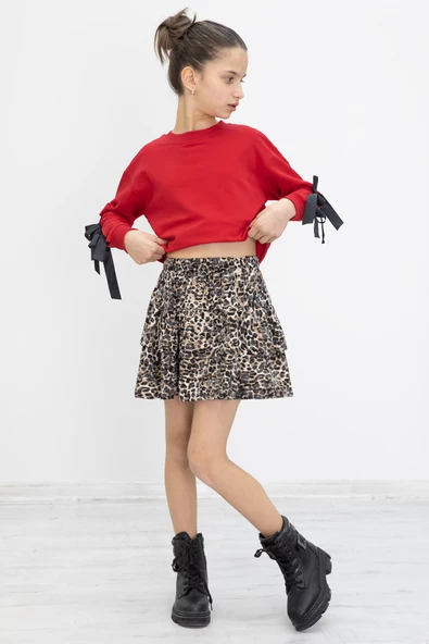 Kırmızı Kolları Fiyonk Detaylı Badili Leopar Etekli Kız Çocuk Takım 20188