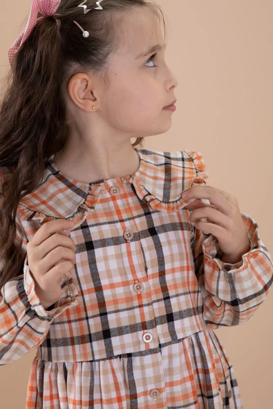 Turuncu Ekose Desenli Düğme Kapamalı Uzun Kol Kız Çocuk Elbise 20167 - 2