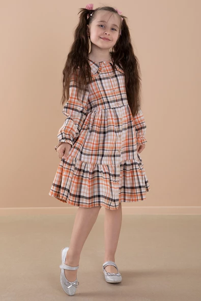 Turuncu Ekose Desenli Düğme Kapamalı Uzun Kol Kız Çocuk Elbise 20167 - 4