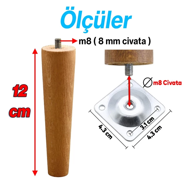 Ahşap 12 cm Bağlantı Aparatlı Mobilya Koltuk Kanepe Sehpa Masa Ayağı Ayakları M8 Civatalı - 2