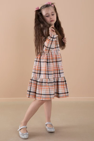 Turuncu Ekose Desenli Düğme Kapamalı Uzun Kol Kız Çocuk Elbise 20167 - 3