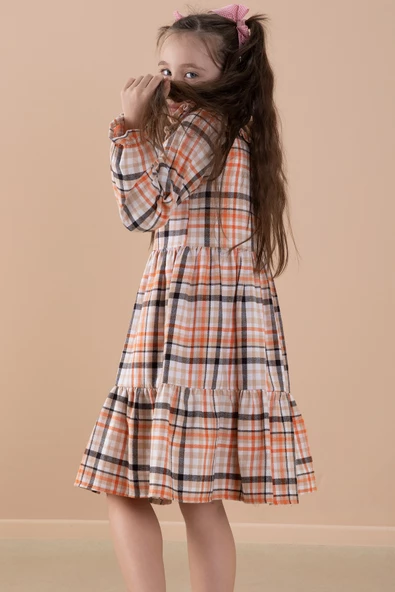 Turuncu Ekose Desenli Düğme Kapamalı Uzun Kol Kız Çocuk Elbise 20167 - 5