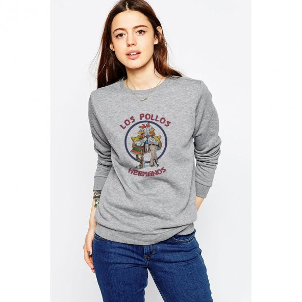 Breaking Bad Los Pollos Hermanos Baskılı Gri Kadın Örme Sweatshirt Uzun kol - 1