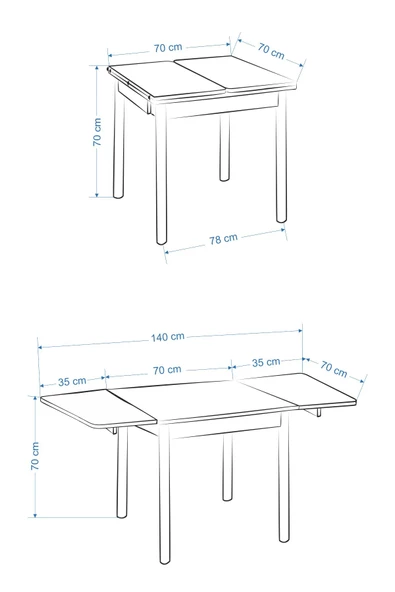 Vilinze Avanos Ahşap Katlanır Kanatlı Mdf Mutfak Masası - 70x70+70 (70x140) cm - 4