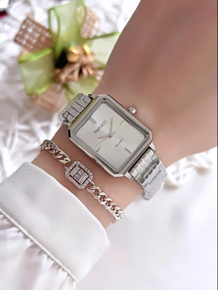 Ferrucci Kadın Kol Saati+Bileklik Özel Seri Çelik Kordon Kararma Renk Atma Yapmaz VS.BLKT.0071 - Resim 2