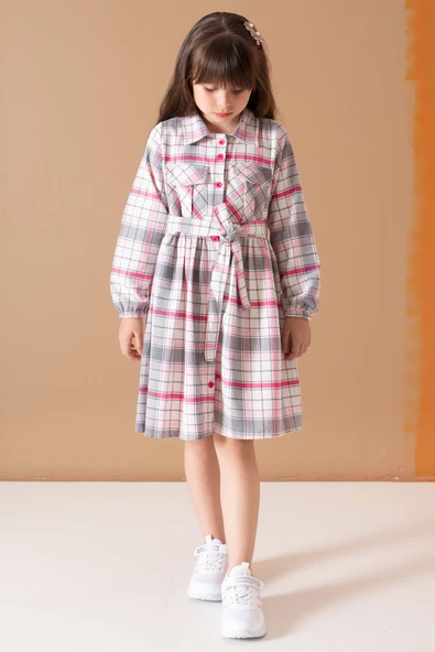 Pembe Çizgi Desenli Kuşaklı Uzun Kol Kız Çocuk Elbise 19687 - 5