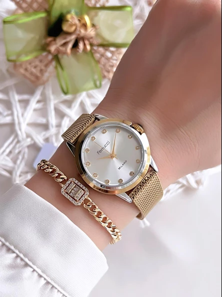 Ferrucci Kadın Kol Saati+Bileklik Özel Seri Çelik Kordon Kararma Renk Atma Yapmaz VS.BLKT.0069 - 2