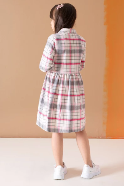 Pembe Çizgi Desenli Kuşaklı Uzun Kol Kız Çocuk Elbise 19687 - 6