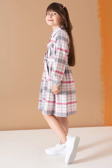 Pembe Çizgi Desenli Kuşaklı Uzun Kol Kız Çocuk Elbise 19687 - 4