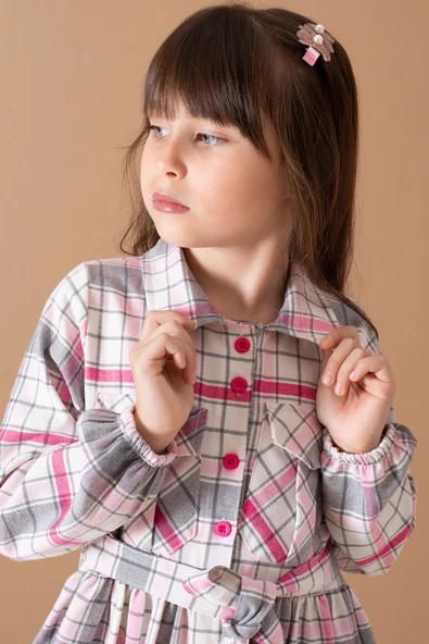 Pembe Çizgi Desenli Kuşaklı Uzun Kol Kız Çocuk Elbise 19687 - 2