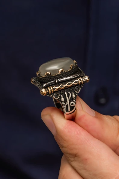 Yemen Akik Taşlı Elif Vav Motif 925 Gümüş Erkek Yüzük - Resim 7