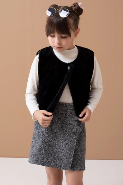 Siyah Peluş Yelekli Badili Kız Çocuk Şort Etekli Takım 19556 - 2