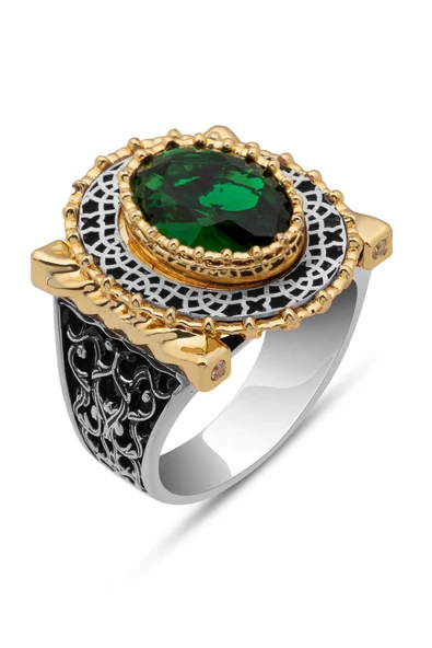 Oval Yeşil Taşlı 925 Gümüş Erkek Yüzük - Resim 2