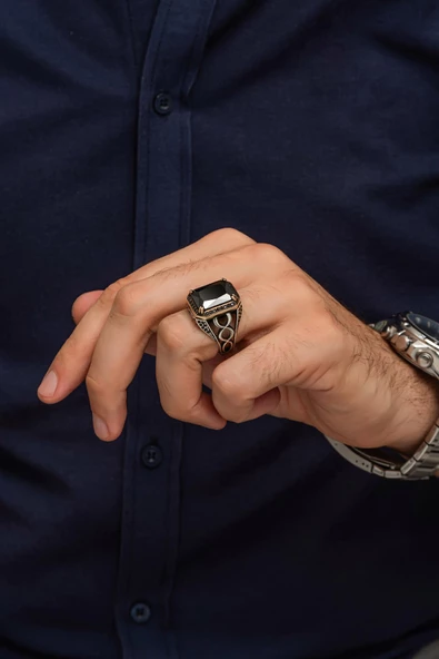 Siyah Taşlı 925 Gümüş Erkek Yüzük - Resim 5