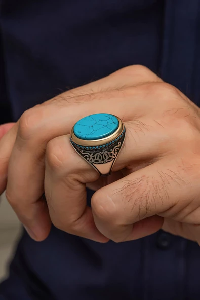 Oval Mavi Taşlı 925 Gümüş Erkek Yüzük - 1