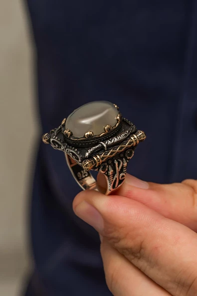 Yemen Akik Taşlı Elif Vav Motif 925 Gümüş Erkek Yüzük - Resim 5