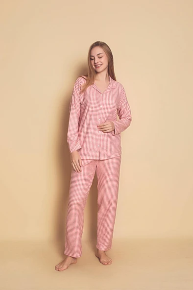 Pamuklu Düğmeli Pembe Pijama Takım 301799