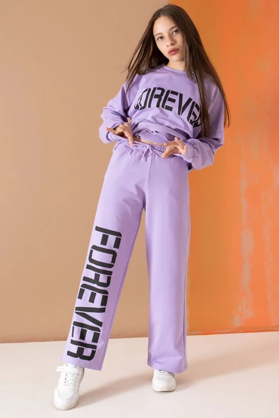 Lila Forever Yazı Baskılı Kız Çocuk Eşofman Takımı 19571 - 6