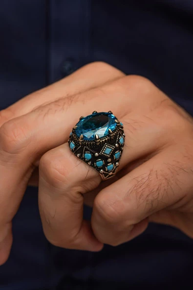 Aqua Mavi Taşlı 925 Gümüş Erkek Yüzük ürün görseli