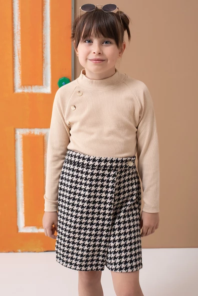 Krem Kazayağı Desenli Şort Etekli Badili Kız Çocuk Takım 19561 - 4