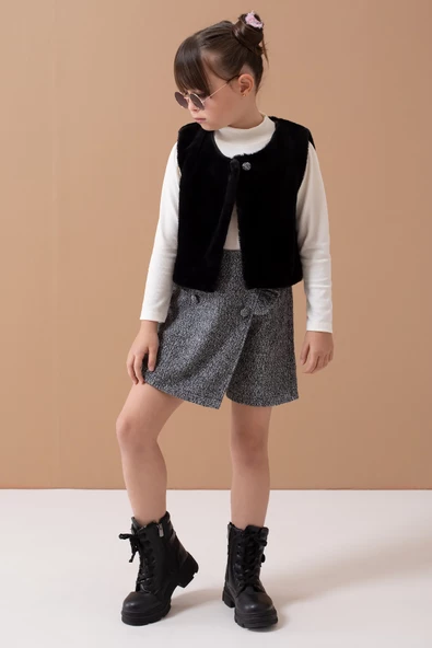 Siyah Peluş Yelekli Badili Kız Çocuk Şort Etekli Takım 19556 - 3