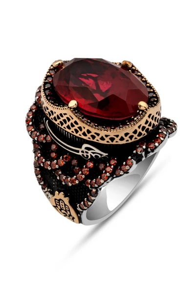 Kırmızı Taşlı Fatma Ana Eli Motif 925 Gümüş Erkek Yüzük - Resim 2