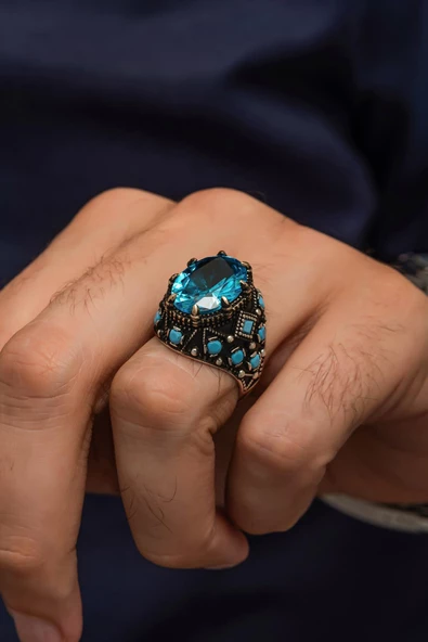 Aqua Mavi Taşlı 925 Gümüş Erkek Yüzük - Resim 3