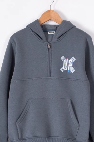 Füme Fermuarlı Yaka Kapüşonlu Erkek Çocuk Şardonlu Eşofman Takımı 19622 - 2