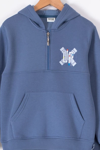 Mavi Fermuarlı Yaka Kapüşonlu Erkek Çocuk Şardonlu Eşofman Takımı 19621 - 2