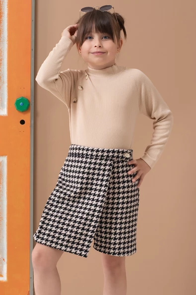 Krem Kazayağı Desenli Şort Etekli Badili Kız Çocuk Takım 19561 - 2