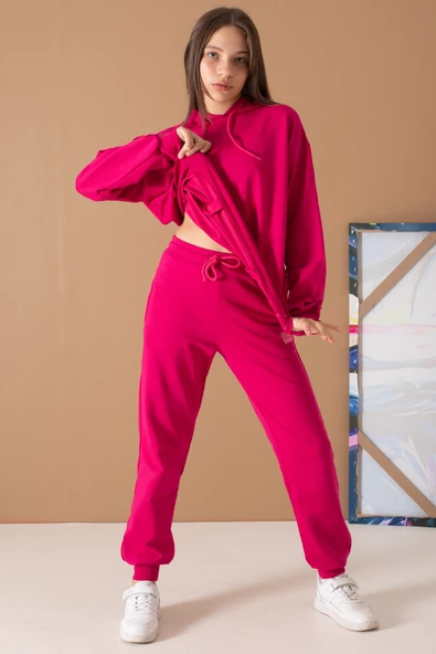 Fuşya Basic Kapüşonlu Kız Çocuk Eşofman Takımı 19594 - 6