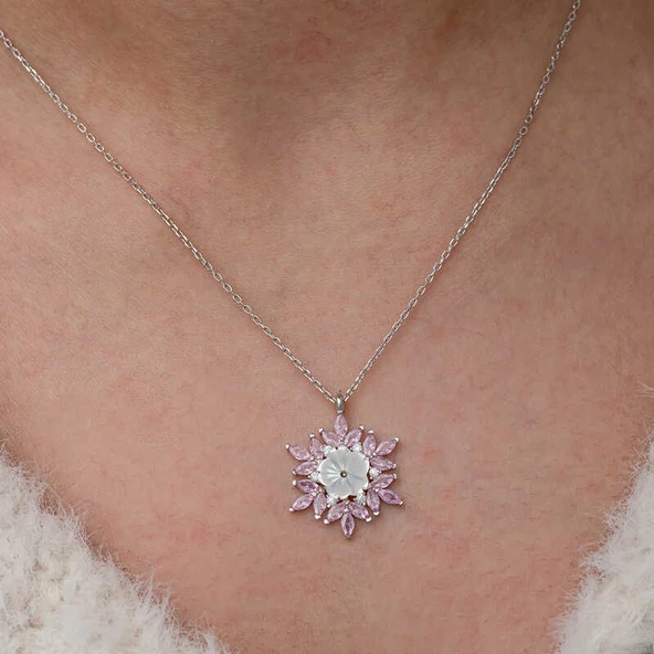 Gümüş Pembe Lotus Desenli Çiçek Kadın Kolye  SL9964 - Resim 4