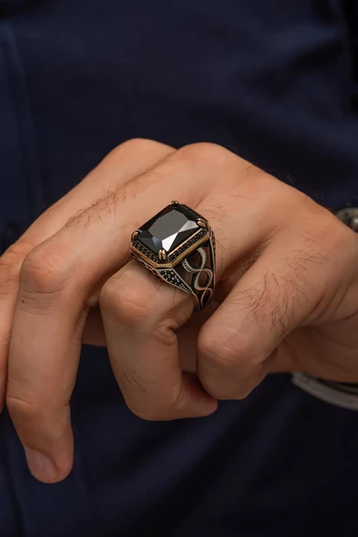 Siyah Taşlı 925 Gümüş Erkek Yüzük - Resim 4
