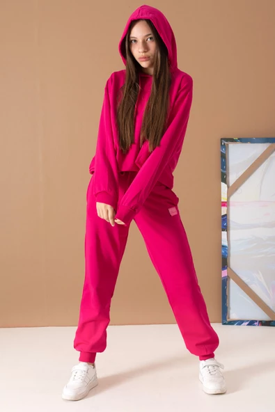 Fuşya Basic Kapüşonlu Kız Çocuk Eşofman Takımı 19594 - 5