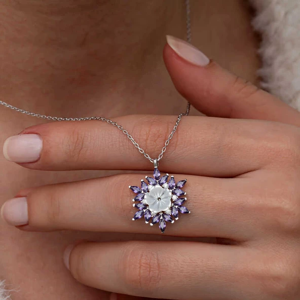 Gümüş Mor Lotus Desenli Çiçek Kadın Kolye  SL9963 - Resim 2