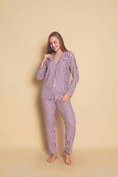 Düğmeli Çizgili Kadın Pijama Takımı 301783-Mor