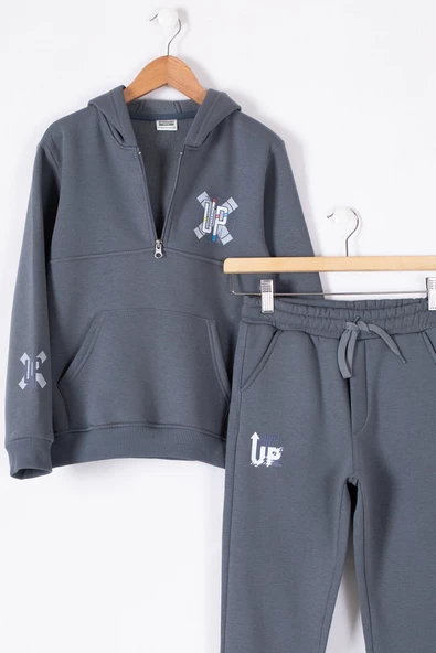 Füme Fermuarlı Yaka Kapüşonlu Erkek Çocuk Şardonlu Eşofman Takımı 19622 - 3