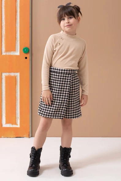 Krem Kazayağı Desenli Şort Etekli Badili Kız Çocuk Takım 19561 - 3