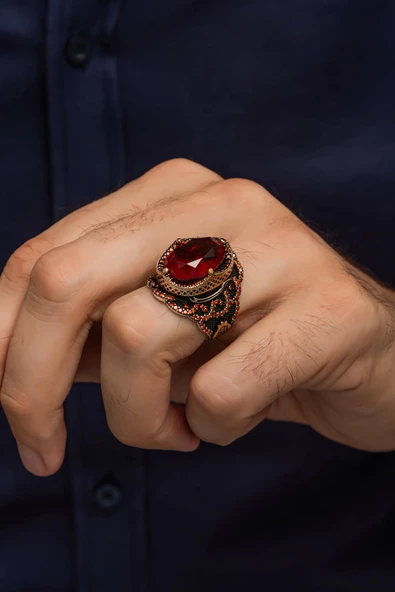 Kırmızı Taşlı Fatma Ana Eli Motif 925 Gümüş Erkek Yüzük - Resim 4