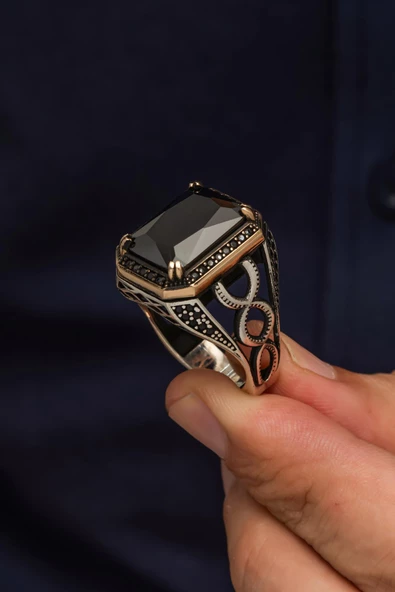 Siyah Taşlı 925 Gümüş Erkek Yüzük - Resim 3