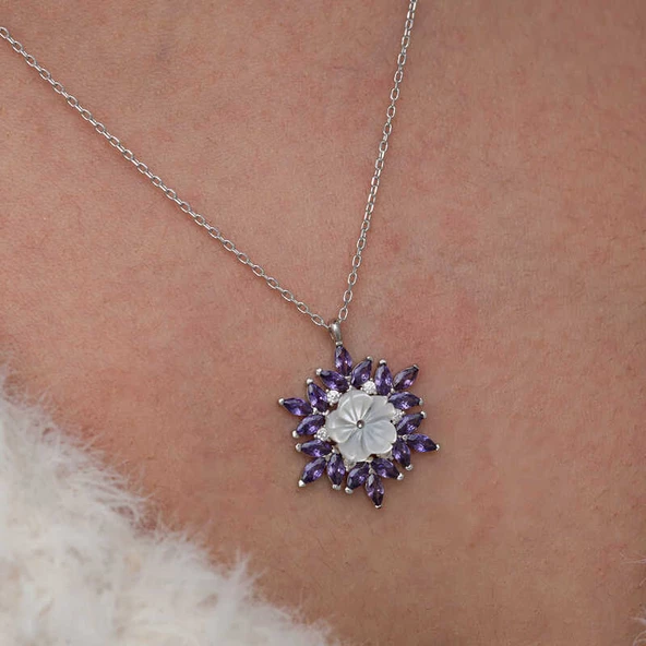 Gümüş Mor Lotus Desenli Çiçek Kadın Kolye  SL9963 - Resim 3