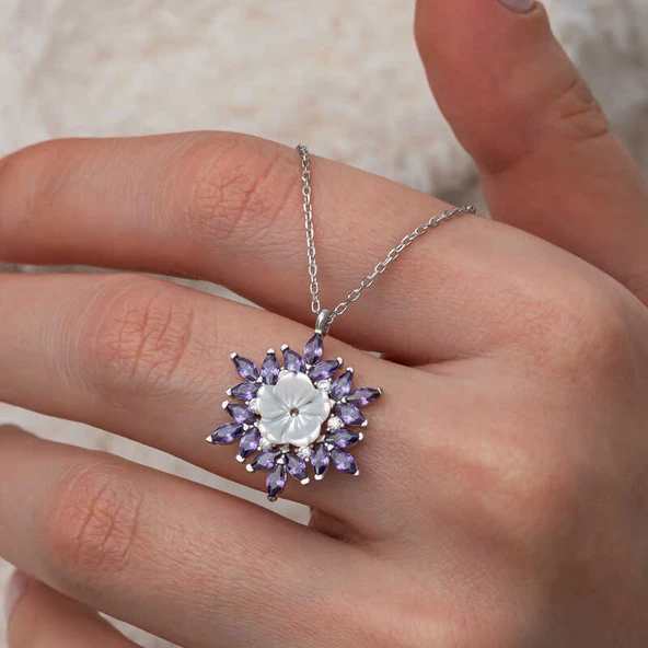 Gümüş Mor Lotus Desenli Çiçek Kadın Kolye  SL9963 - Resim 5