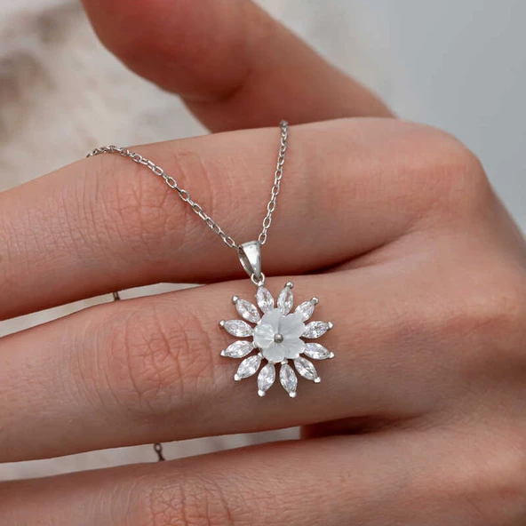 Gümüş Beyaz Manolya Çiçeği Kadın Kolye  SL9967 - Resim 3