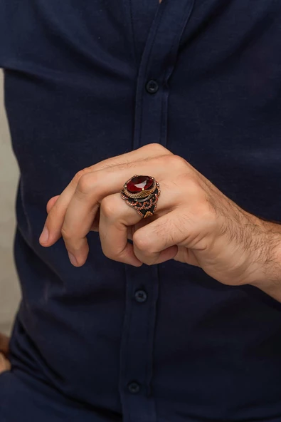 Kırmızı Taşlı Fatma Ana Eli Motif 925 Gümüş Erkek Yüzük - Resim 3