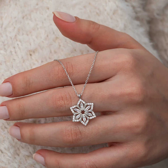 Gümüş Baget Taşlı Çiçek Kadın Kolye SL9970 - Resim 6